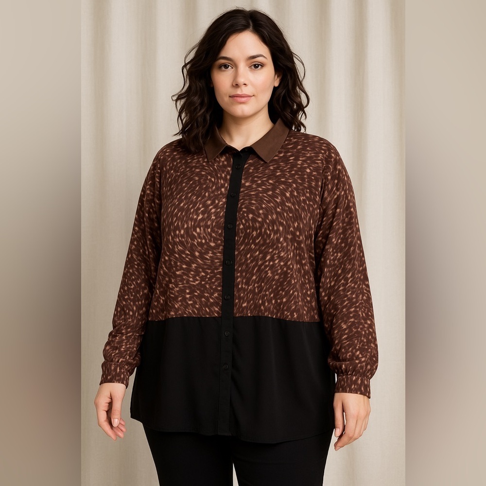 🤎 Susan Graver 2-Piece Button Front Blouse & Printed Sheer Overlay – Size 2X